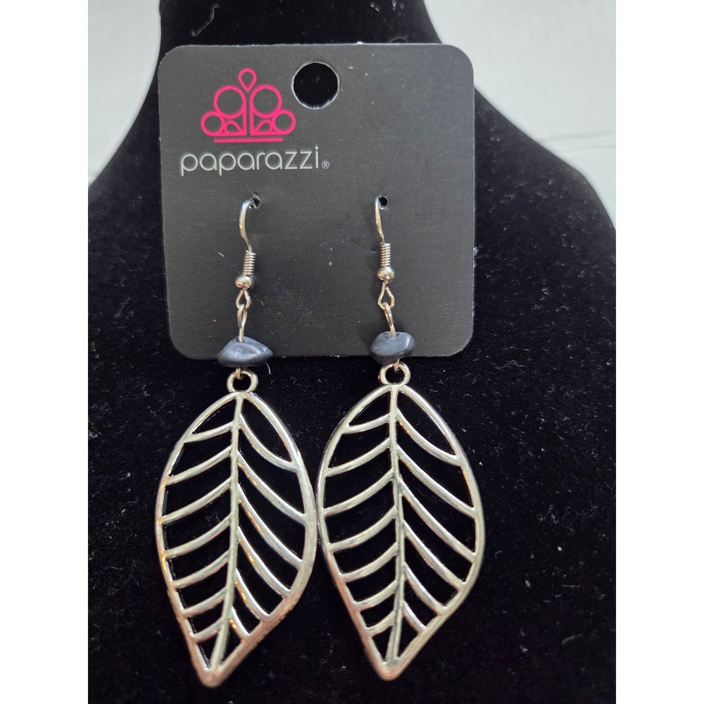 Paparazzi Drop Earrings Womens OS Silver Leaf Openwork Stone Accent Fishhook